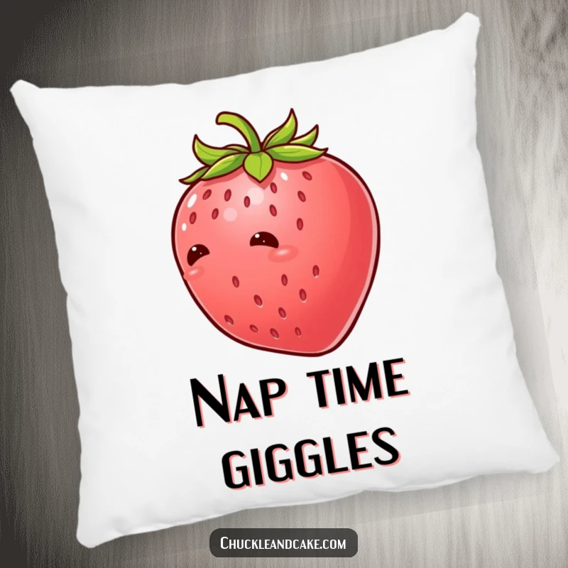 Funny strawberry with leaves giggling uncontrollably, a soft and cuddly pillow featuring a tickled fruit character radiating happiness.