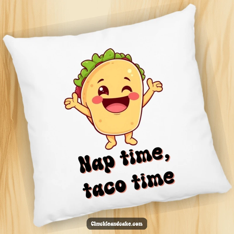 Funny pillow showcasing a taco character cheering with a wide grin, adding a plush and humorous accent.