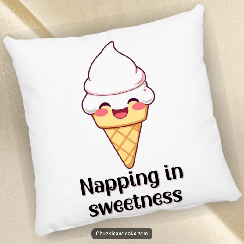 Funny laughing ice cream cone with frosting melting slightly on a pillow, soft decor that brings sweet smiles.