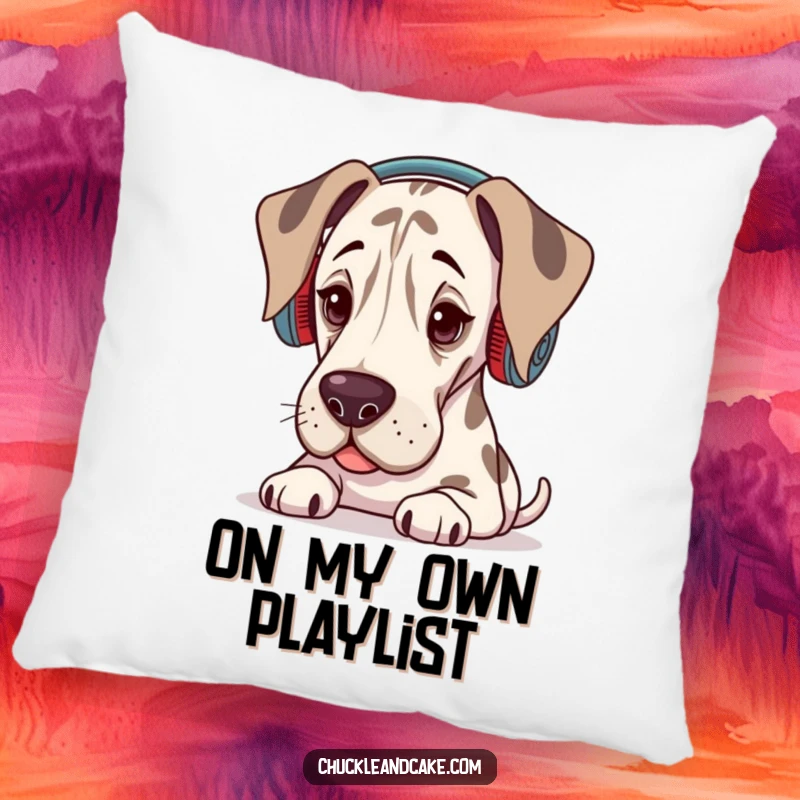 Funny Grand Dane pillow showing a dog wearing ear warmers, looking content and relaxed while listening to music.