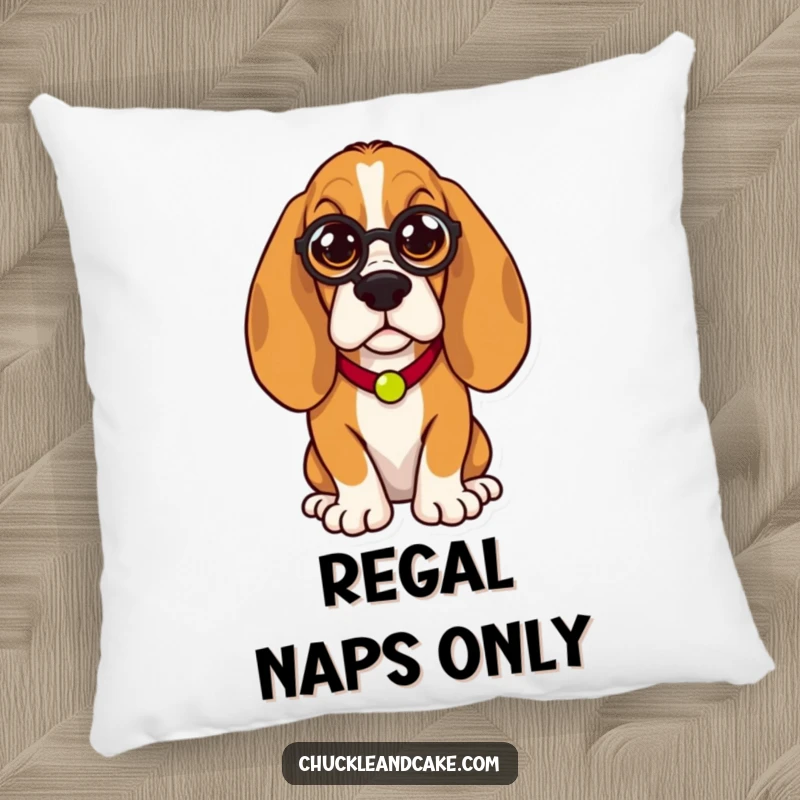 Funny Basset Hound pillow, droopy-eared dog wearing a monocle, humorously regal, perfect for cozy and sophisticated relaxation.