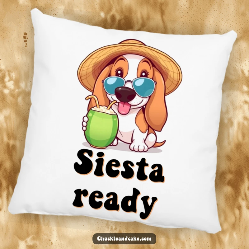 Funny Basset Hound pillow showing a Basset Hound in a sun hat sipping a coconut drink, perfect for adding whimsical charm.