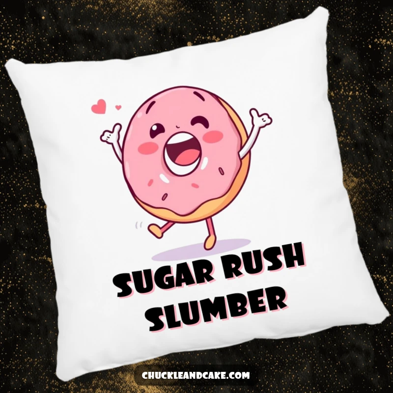 Funny pillow showcasing a happy donut character doing a silly dance, adding a plush and humorous accent.