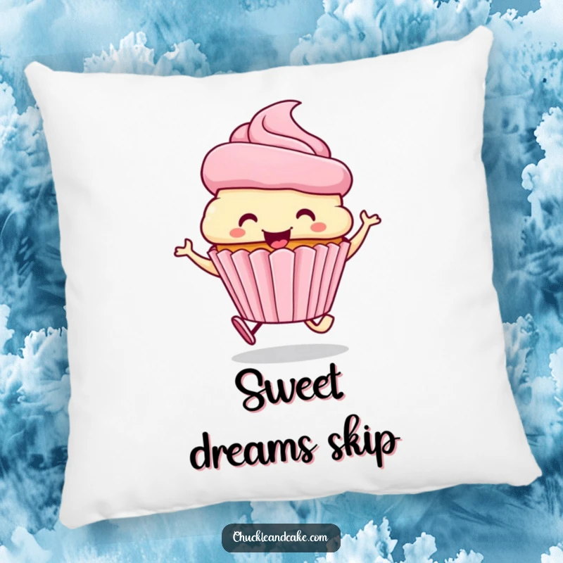 Funny pillow with a smiling cupcake wearing a frosting hat, skipping happily.