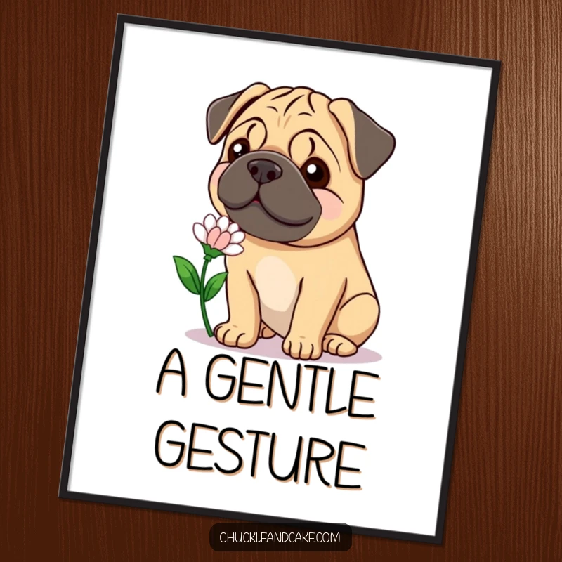 Funny Bullmastiff flower digital art print showing a gentle, smiling dog offering a flower, ideal for heartwarming humor.
