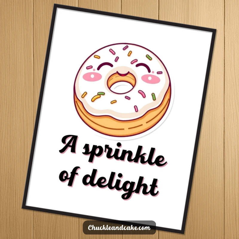 Funny digital art print of a delighted donut with sprinkles playfully winking, offering instant sweet humor for decor.