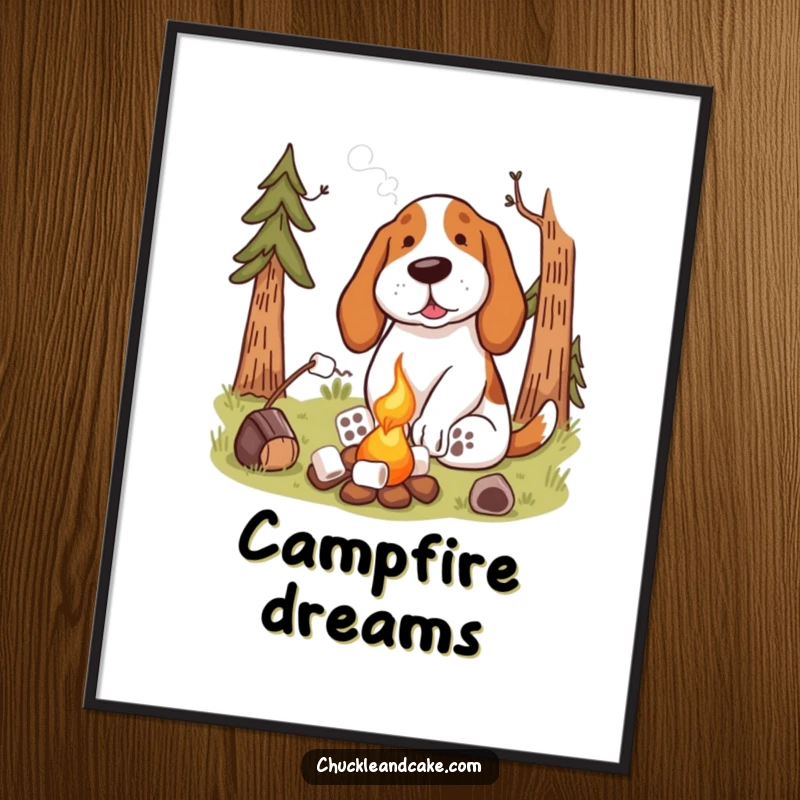 Funny Basset Hound Campfire Digital Art Print of a dog toasting marshmallows, ready for instant download and display.