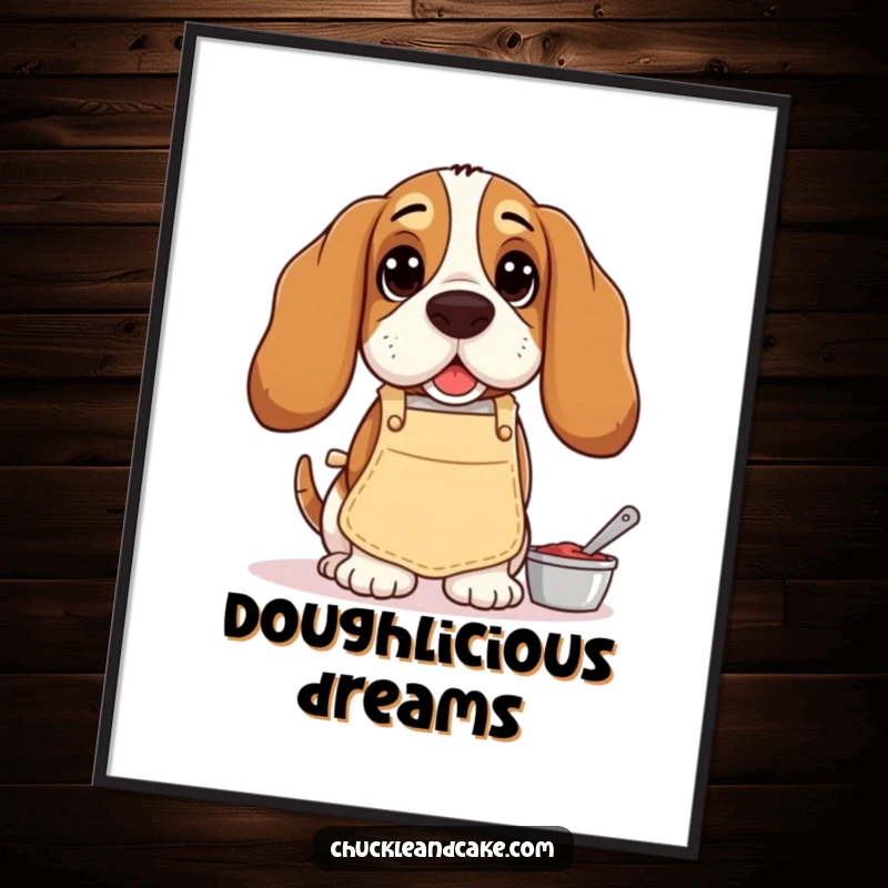 Funny Basset Hound digital art print, droopy-eared dog in an apron, humorously baking, high-quality humorous artwork.