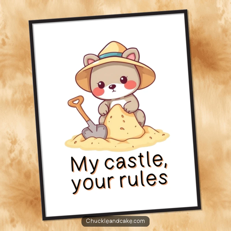 Funny digital art print of an animal with a sun hat, building a sandcastle with a shovel.