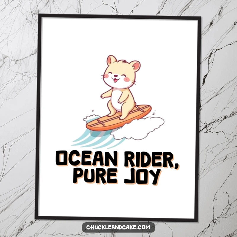 Funny digital art print of a happy animal gleefully riding a tiny surfboard down a gentle wave.