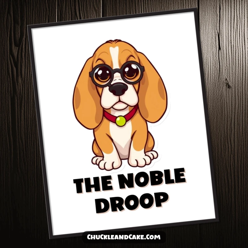 Funny Basset Hound digital art print, droopy-eared dog wearing a monocle, humorously regal, high-quality sophisticated artwork.
