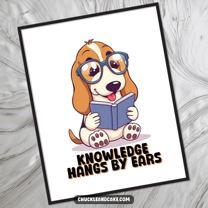 Funny Basset Hound with droopy ears wearing spectacles, reading a tiny book, intellectual dog digital art, humorous bookworm design, instant funny gift.