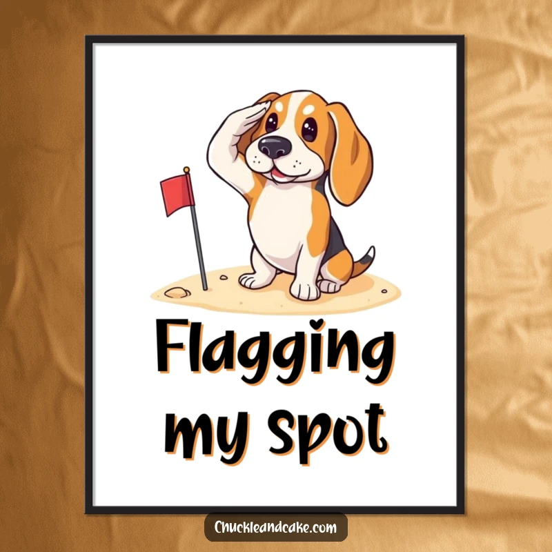 Funny Basset Hound saluting with a small flag on the sand, looking patriotic, as a downloadable digital art print.