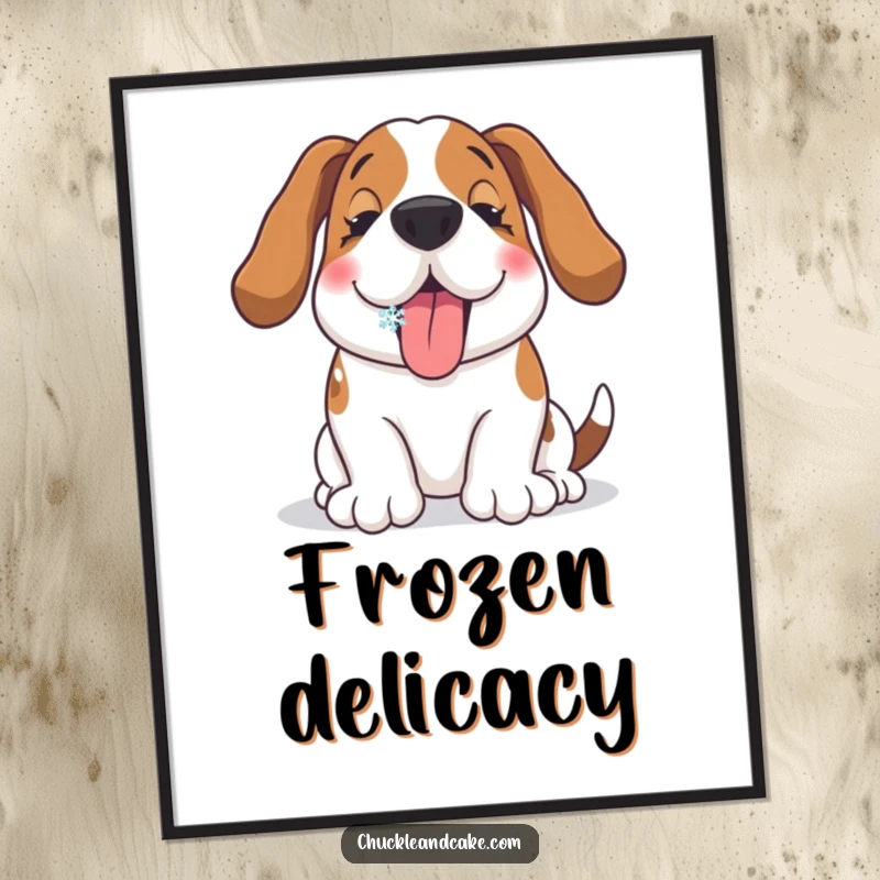 Funny Basset Hound digital art print of a happy dog catching a snowflake on its tongue, perfect for winter decor.