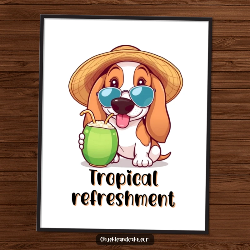Funny Basset Hound digital art print of a Basset Hound in a sun hat sipping a coconut drink, radiating pure tropical joy.