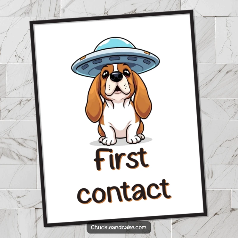 Funny Basset Hound digital art print of a curious dog looking up at a flying saucer, perfect for sci-fi decor.