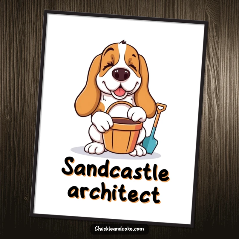 Funny Basset Hound winking with bucket and spade, ready for beach fun, as a downloadable digital art print.