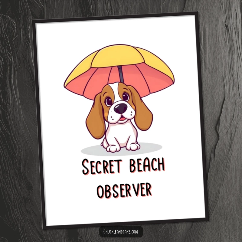 Funny Basset Hound Digital Art Print: A Basset Hound peeking from behind a beach umbrella, capturing playful vacation charm and humor.