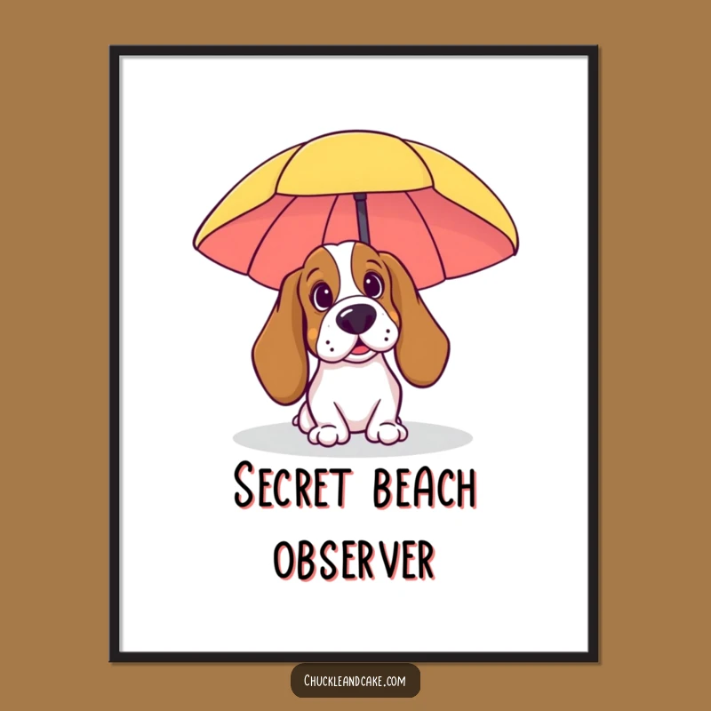 Funny Beach Basset Hound Digital Art: Peeking Pup Print, Instant Funny Gift
