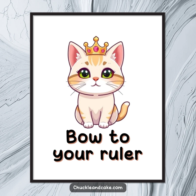 Funny digital art print of a Bobtail cat wearing a small crown, looking regal, perfect for instant download and sophisticated wall decor.