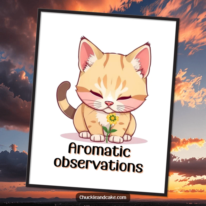 Funny Bobtail cat curiously sniffing a delicate flower, rendered as a charming and humorous digital art print for instant download.