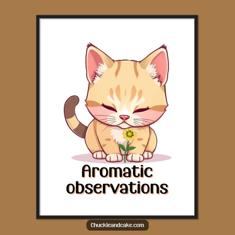 Funny Bobtail Cat Sniffing Flower Digital Print - Instant Joyful Wall Art Download