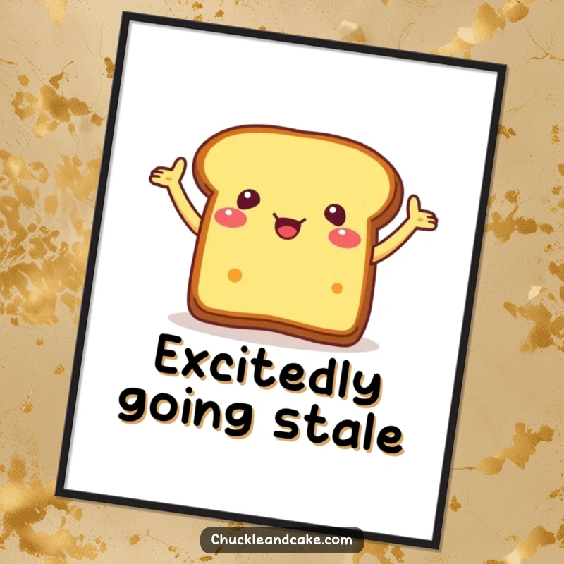 Funny digital art print of a piece of bread with arms flailing excitedly, perfect for vibrant, energetic wall decor.