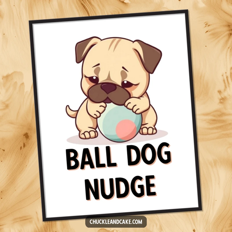 Funny digital art print of a Bullmastiff dog gently nudging a bouncing ball, capturing playful and energetic moments.
