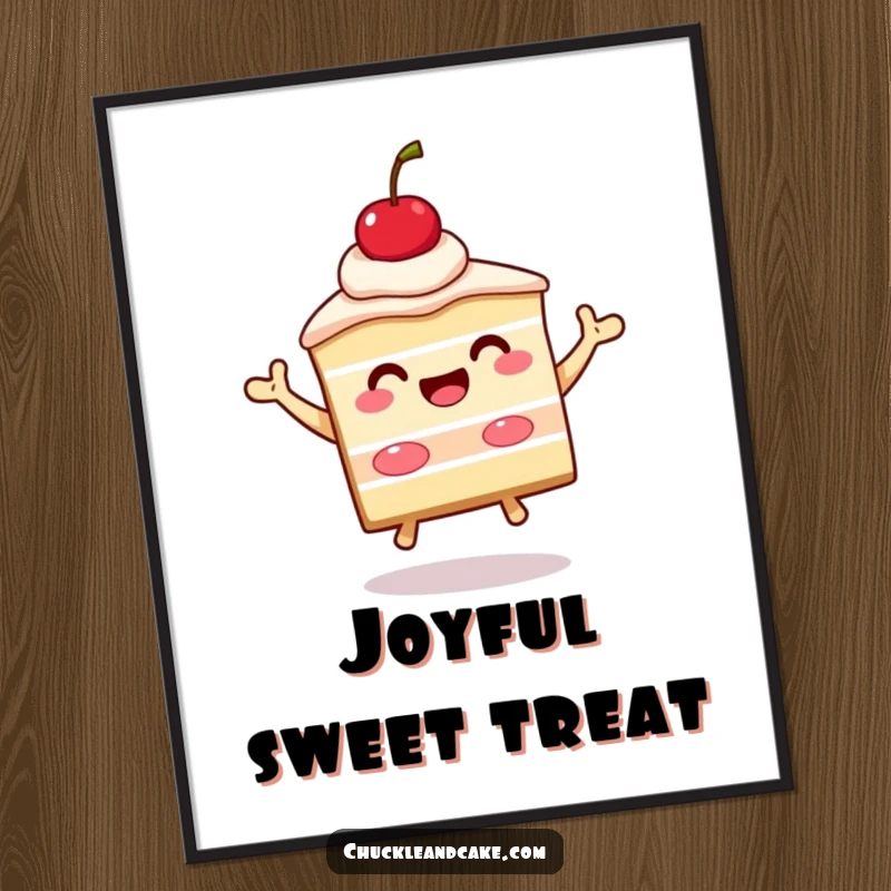 Funny slice of cake with a cherry on top beaming and jumping digital art print, capturing a celebratory dessert character in motion.