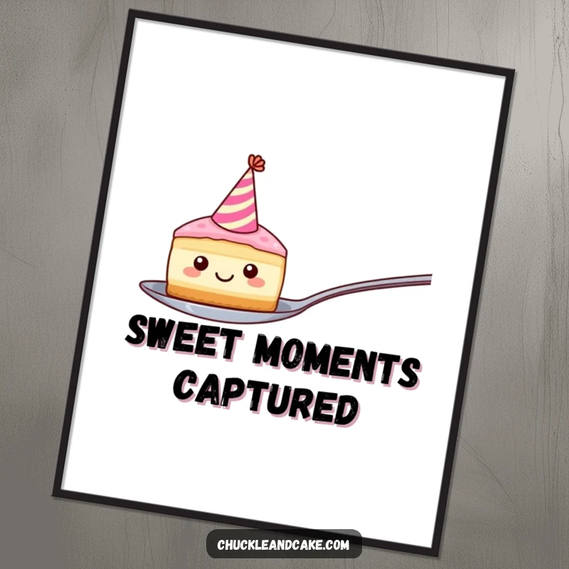 Funny digital artwork of a smiling cake slice with a party hat, humorously balancing on a spoon, ready to bring cheer.