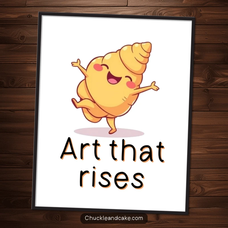 Funny croissant digital art print capturing a delighted croissant performing a cartwheel, bringing immediate joy and a touch of pastry whimsy.