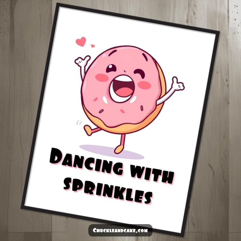 Funny digital art print of a happy donut character doing a silly dance, perfect for vibrant, cheerful wall decor.