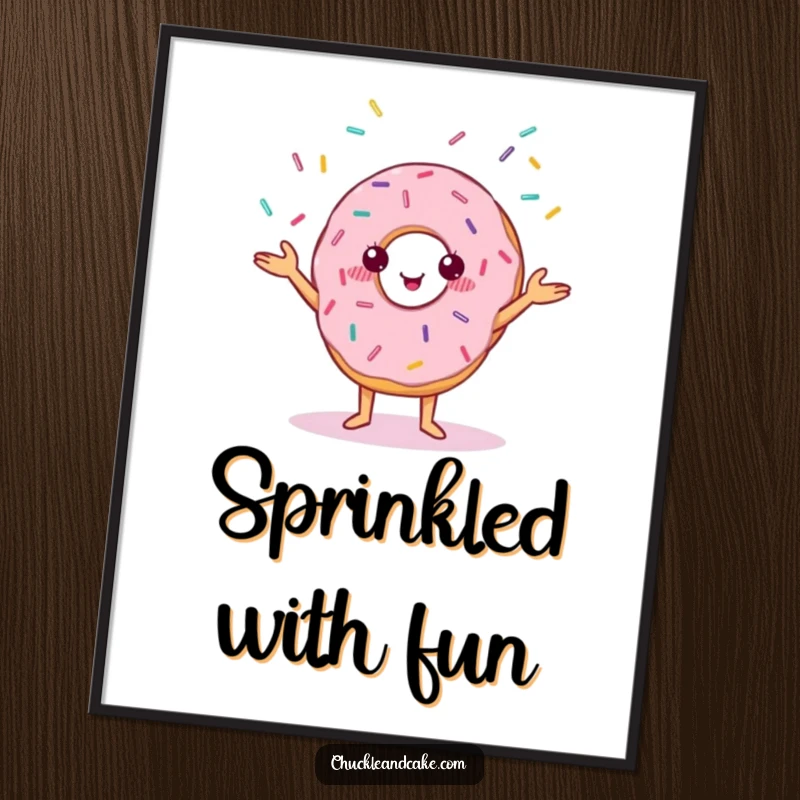 Funny digital art print of a cheerful donut with small eyes juggling a colorful cascade of sprinkles.