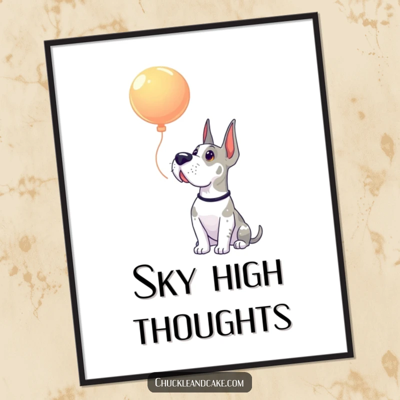 Funny Grand Dane digital art print capturing a dog's profile gazing upwards with pure amazement at a floating balloon.