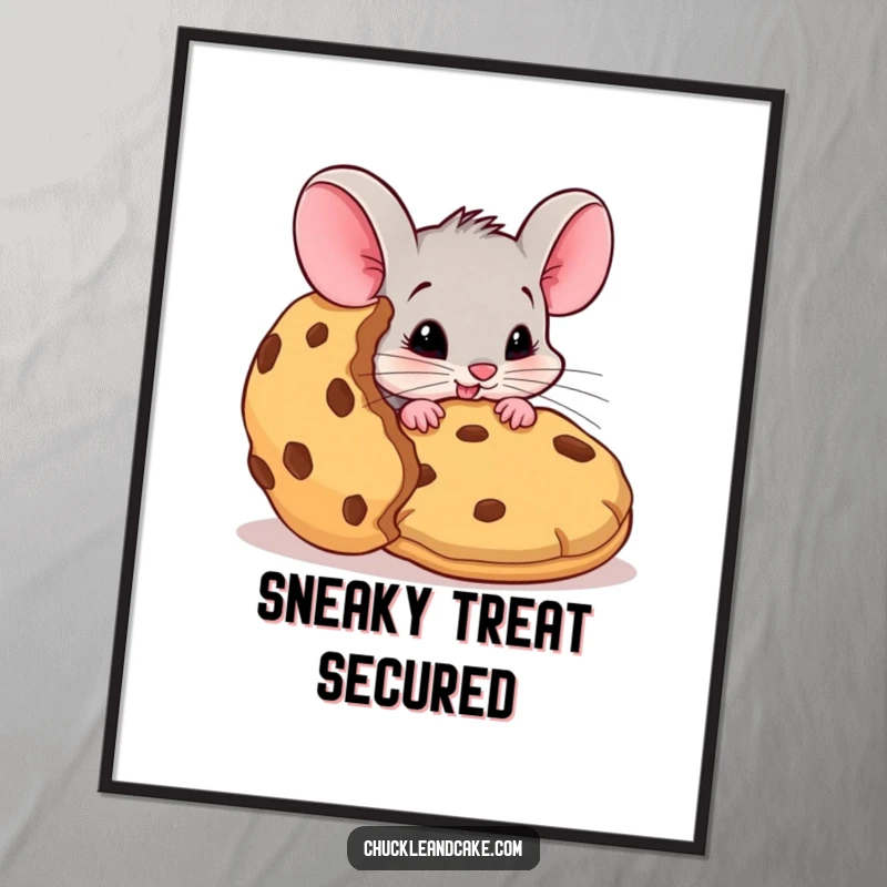 Funny mouse digital art print, mischievous rodent sneaking a giant cookie, humorous wall decor, cute animal illustration, perfect funny gift printable.