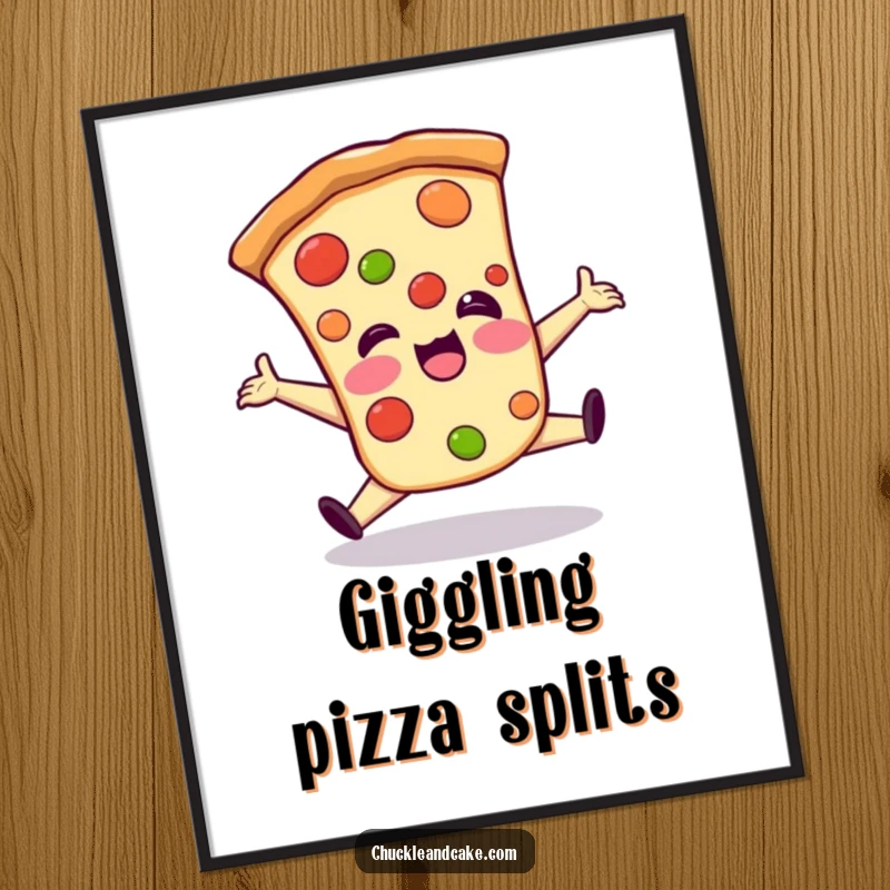 Funny digital art print of a giggling pizza slice performing a clumsy split, radiating pure, cheesy amusement.