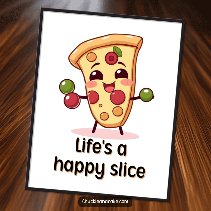 Funny digital art print of a giggling pizza slice juggling olives with its crust, offering instant humorous pizza-themed decor.