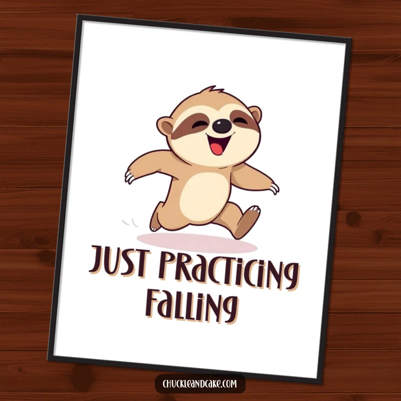 Funny sloth digital art print, happy sloth falling during a race, humorous wall art, cute animal illustration, perfect funny gift printable.