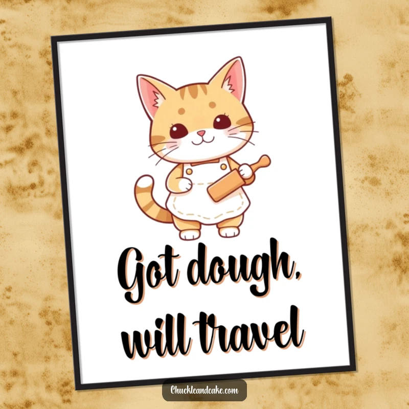 Funny Bobtail cat digital art print of a cat in an apron holding a rolling pin, for instant kitchen decor.