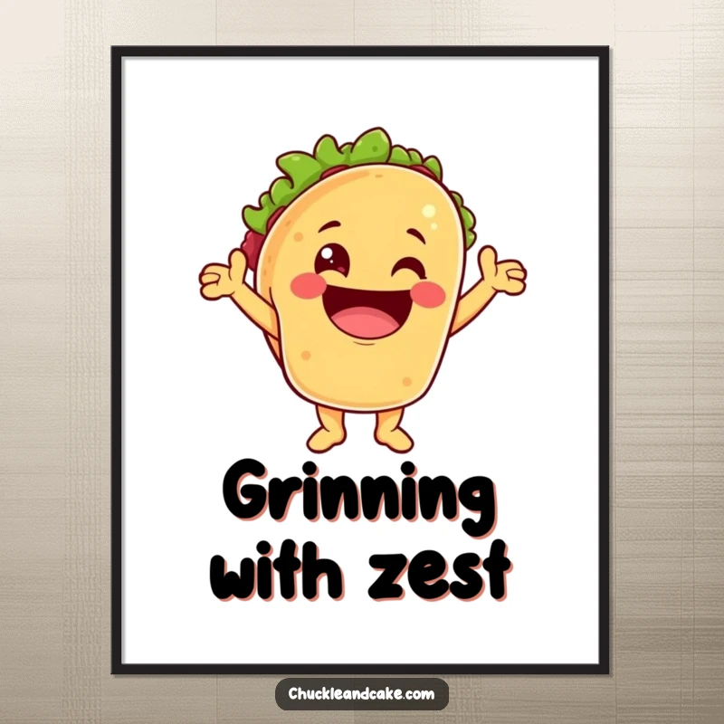 Funny digital art print of a taco character cheering with a huge grin, perfect for vibrant, festive wall decor.