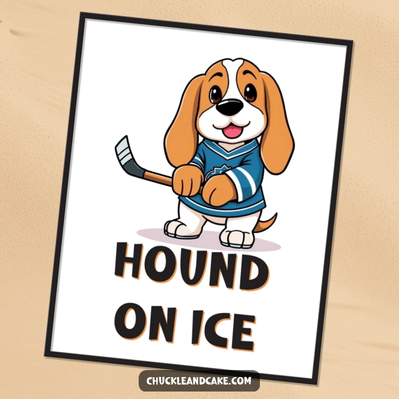 Funny Basset Hound in a hockey jersey, holding a tiny stick, ready for the game, digital art download.