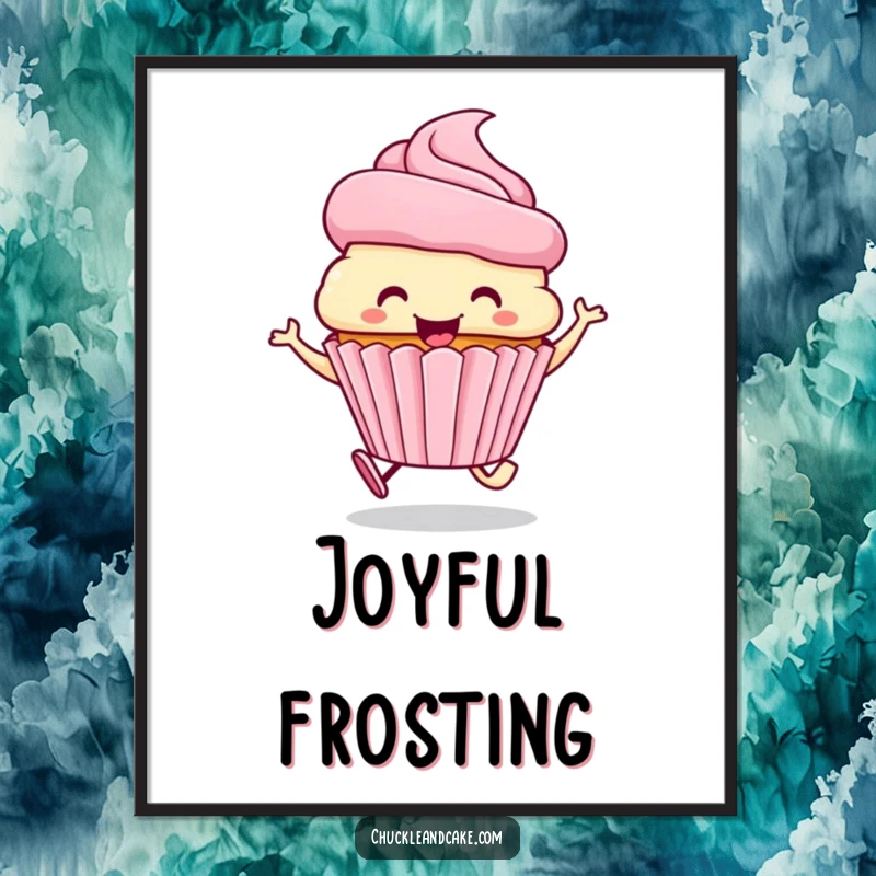 Funny digital art of a smiling cupcake wearing a frosting hat, skipping joyfully.