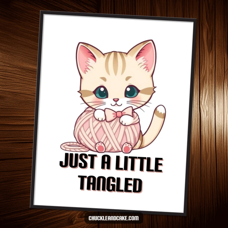 Funny Bobtail cat digital art print of a cute cat with a bow peeking from behind a yarn ball, for instant decor.