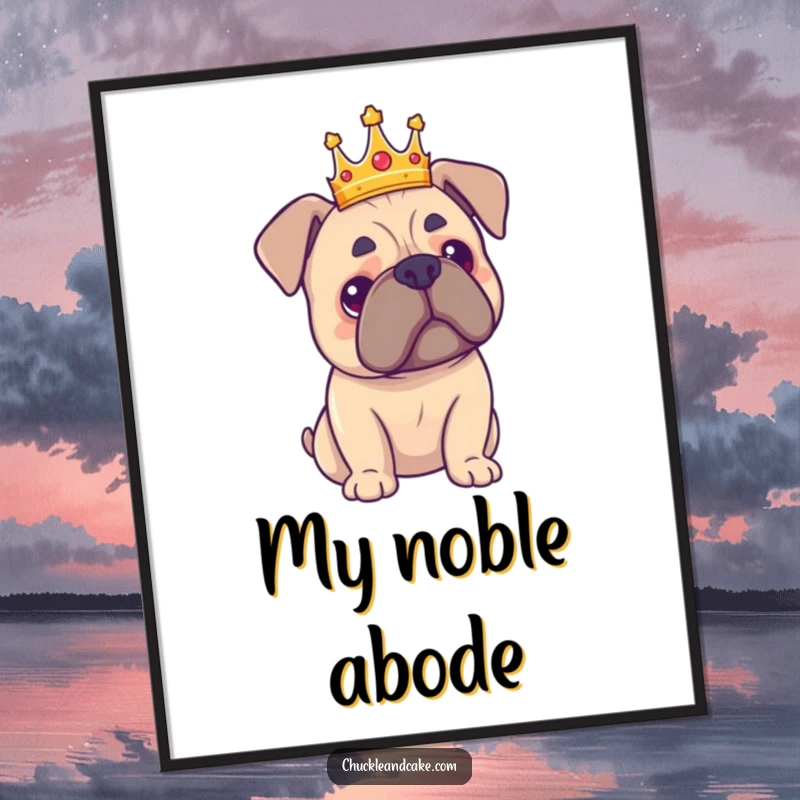 Funny Bullmastiff king digital art print showing a proud dog wearing a small crown, ideal for humorous, majestic wall art.