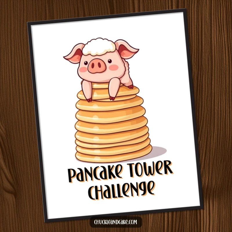 Funny sheepish pig precariously balancing pancakes, high-resolution digital art print for comical and adorable breakfast decor.