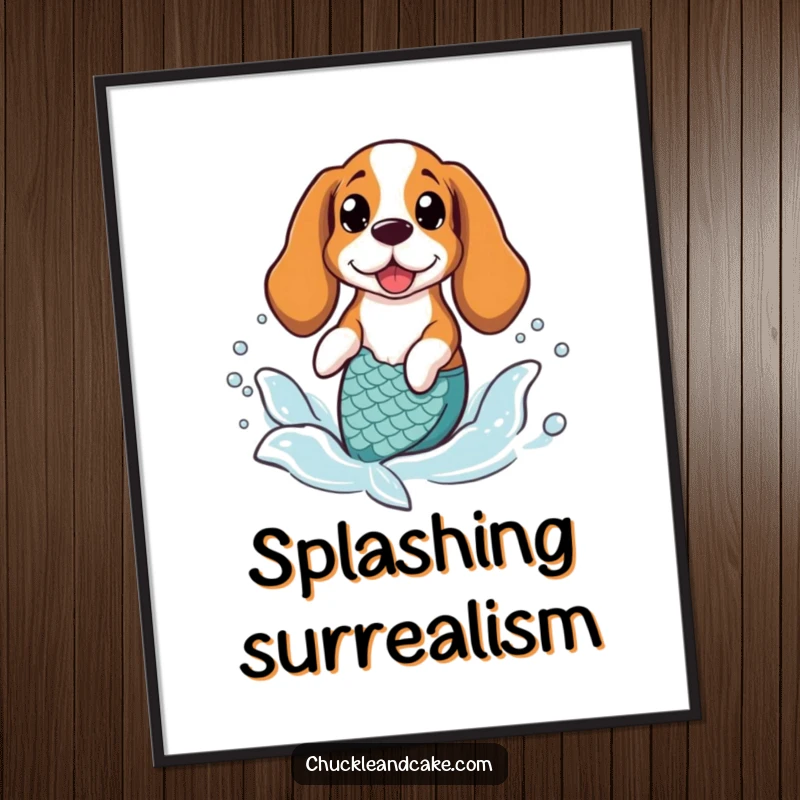 Funny Basset Hound wearing a mermaid tail, splashing joyfully in gentle waves, as whimsical digital art.
