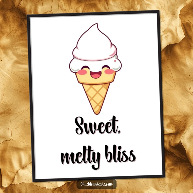 Funny laughing ice cream cone with frosting melting slightly on a digital art print, capturing sweet, hilarious moments.