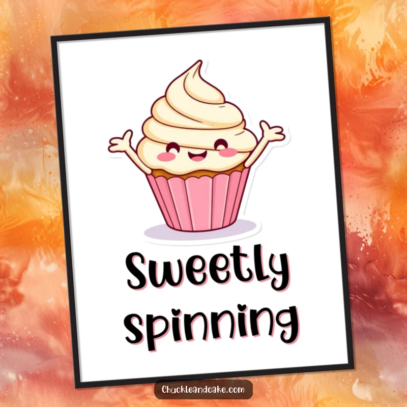 Funny digital art print of a happy, stylized cupcake spinning merrily with outstretched frosting arms.