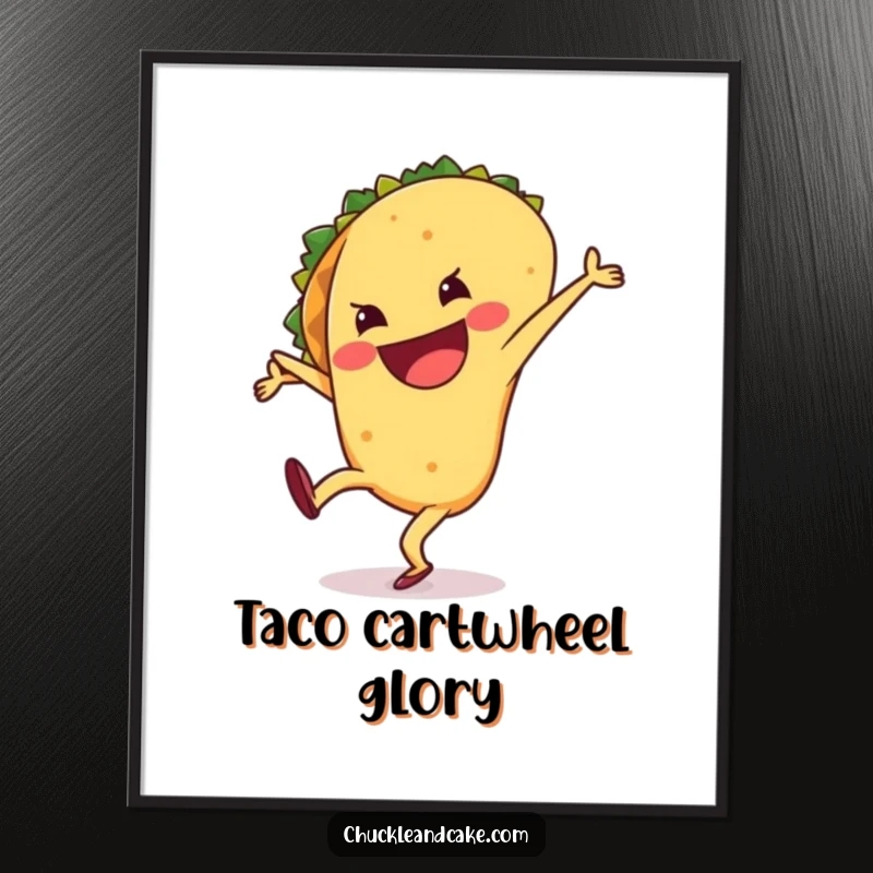 Funny digital art print of a happy, grinning taco performing a lively cartwheel, radiating pure, edible amusement.