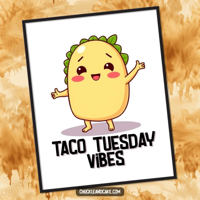 Funny digital art print of a chuckling taco dancing with a lime, offering instant fiesta humor for decor.